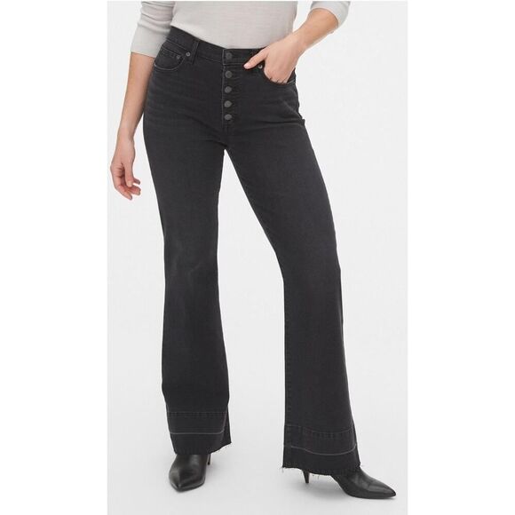 Gap Denim Jeans 30/10R High Rise Flare Black Button Fly 5 Pocket NWT Raw Hemline - Picture 1 of 10